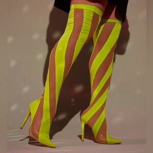 Miss Lola Neon Yellow Over the Knee Stocking Boots